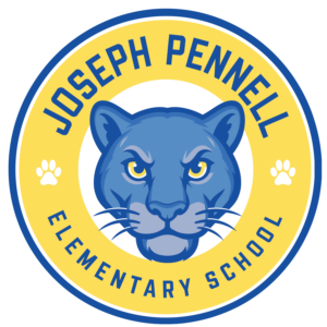 Circular Joseph Pennell Elementary School logo featuring a panther head with gold eyes outlined in blue, surrounded by the school name in blue lettering on a yellow background